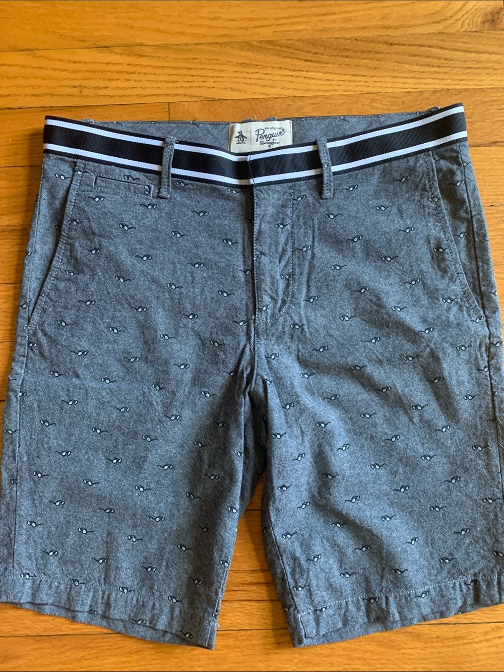 Original Penguin Men’s Gray Shorts w/Glasses Print & Navy-Trim Waistband (29”)